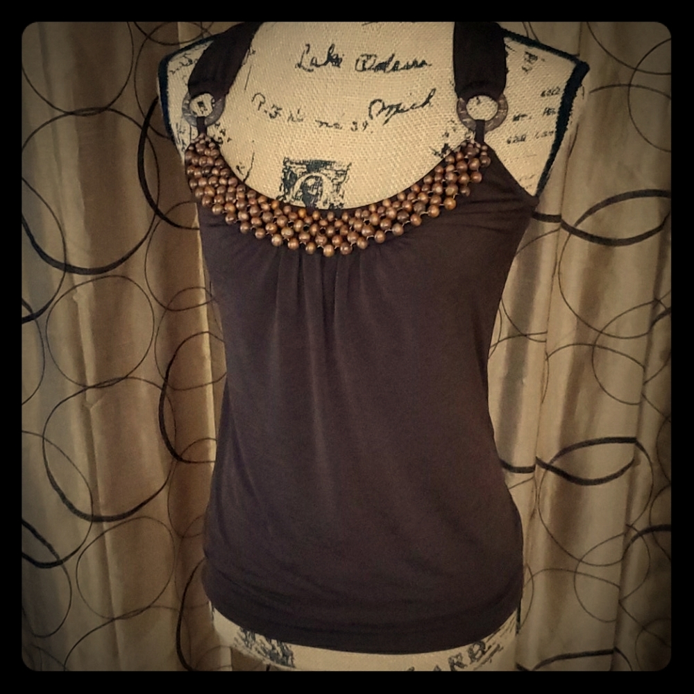 NWOT chocolate brown beaded top